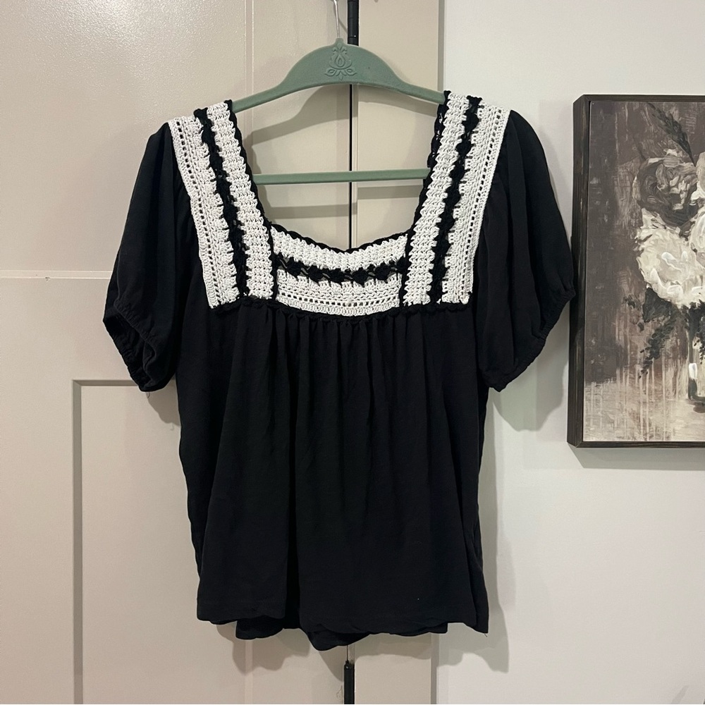 Lucky Brand Black Peasant Top Crochet Trim Bodice Square Neck Boho Size Large